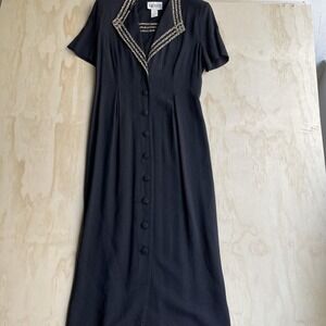 Vintage S.L. Fashions Dress Womens 12P Black Animal Print Button Front Maxi